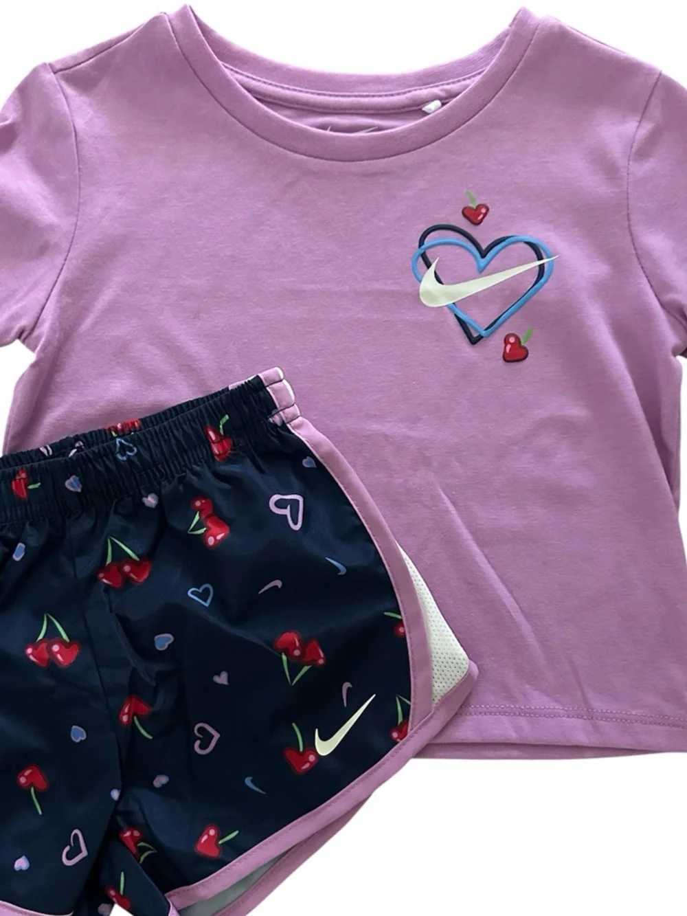 Nike Girls' Lavender Tee & Navy Cherry Heart Shorts Set Size 3T NWT - Picture 2 of 3